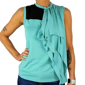 Robert Rodriguez Asymmetrical Ruffled Silk Seafoam Black Sleeveless Size Small